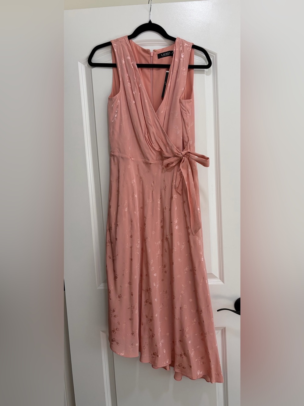 Lauren Ralph Lauren Pink Floral Metallic Jacquard Sleeveless Midi Wrap Dress.